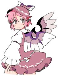 Rule 34 | 1girl, animal ears, bird ears, bird wings, blush, brown dress, brown hat, closed mouth, cowboy shot, cropped legs, dress, earrings, fingernails, frilled dress, frilled sleeves, frills, grey eyes, hair between eyes, hat, highres, ini (inunabe00), jewelry, long fingernails, long sleeves, mystia lorelei, pink hair, sharp fingernails, short hair, simple background, single earring, solo, touhou, white background, white wings, wide sleeves, winged hat, wings