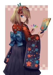 Rule 34 | 1girl, alice margatroid, alternate costume, bad id, bad pixiv id, blonde hair, blue eyes, feathers, floral print, from behind, hairband, highres, japanese clothes, kimono, lolita hairband, looking at viewer, looking back, medium hair, new year, ookashippo, open mouth, solo, touhou, yukata
