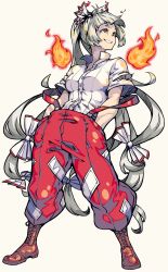 Rule 34 | 1girl, bad id, bad pixiv id, baggy pants, bare arms, blunt bangs, boots, bow, brown footwear, buttons, collared shirt, cross-laced footwear, fire, fugota, fujiwara no mokou, full body, grin, hair bow, hands in pockets, high ponytail, highres, lace-up boots, leaning back, long hair, looking up, pants, partially unbuttoned, ponytail, red eyes, red pants, shirt, short sleeves, sidelocks, silver hair, simple background, smile, solo, standing, suspenders, torn clothes, torn shirt, torn sleeves, touhou, very long hair, white background, white bow, white shirt