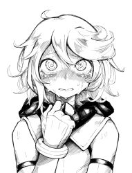Rule 34 | 1girl, aygoftenover, bare shoulders, blush, bracelet, gloves, greyscale, hair between eyes, hand up, highres, hooded leotard, jewelry, messy hair, monochrome, short hair, shy (character), shy (series), solo, sweat, tears