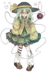 Rule 34 | 1girl, :d, asymmetrical legwear, bespectacled, black footwear, black hat, bow, collar, collared dress, cross-laced clothes, cross-laced legwear, dot nose, dress, flower, footwear bow, frilled collar, frilled dress, frills, full body, glasses, green-framed eyewear, green bow, green dress, green eyes, green hair, green ribbon, hat, hat ribbon, heart, highres, hikimayu, komeiji koishi, leg warmers, long hair, looking to the side, mary janes, mismatched legwear, open mouth, ribbon, rose, semi-rimless eyewear, sharp teeth, shoes, sleeves past fingers, sleeves past wrists, smile, striped clothes, striped thighhighs, tachi-e, teeth, thick eyebrows, thighhighs, third eye, touhou, upper teeth only, very long sleeves, white background, wide brim, wwparasi
