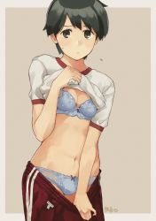 Rule 34 | 1girl, alternate costume, black eyes, black hair, blue bra, blue panties, blush, bra, breasts, cleavage, closed mouth, clothes lift, clothes pull, flying sweatdrops, gym shirt, gym uniform, kantai collection, lifting own clothes, makio (makiomeigenbot), medium breasts, mogami (kancolle), panties, pants, pants pull, shirt, shirt lift, short hair, short sleeves, signature, solo, sweat, tomboy, track pants, two-tone background, underwear