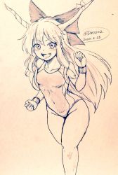 Rule 34 | 1girl, alternate costume, bare legs, bow, breasts, commentary request, competition swimsuit, covered navel, d-m (dii emu), eyelashes, fang, greyscale, hair bow, horns, ibuki suika, long hair, looking at viewer, monochrome, one-piece swimsuit, oni horns, open mouth, sketch, swimsuit, touhou, traditional media, very long hair, walking, wristband