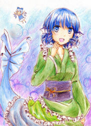 Rule 34 | &gt;:), 2girls, :d, blue eyes, blue hair, cirno, colored pencil (medium), dress, drill hair, fins, frilled kimono, frills, head fins, japanese clothes, kimono, mermaid, monster girl, multiple girls, obi, open mouth, puchimirin, sash, short hair, smile, touhou, traditional media, v-shaped eyebrows, wakasagihime, wings, wkyw9647 (artist)
