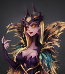 Rule 34 | 1girl, artist name, breasts, cleavage, collarbone, colored skin, coven leblanc, fur trim, gradient background, grey background, hair ornament, hand up, large breasts, league of legends, leblanc (league of legends), long hair, looking at viewer, official alternate costume, orange eyes, parted lips, pink skin, red lips, solo, teeth, vmat