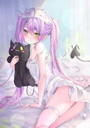 Rule 34 | 1girl, @ @, alternate costume, bibi (tokoyami towa), black panties, breasts, demon tail, dress, ear piercing, green eyes, highres, hololive, multicolored hair, panties, piercing, pink hair, purple hair, ririge, sleep mask, small breasts, streaked hair, tail, tail ornament, tail piercing, thigh strap, tokoyami towa, twintails, underwear, virtual youtuber, white dress