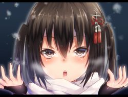 Rule 34 | 10s, 1girl, blush, brown eyes, brown hair, elbow gloves, fingerless gloves, gloves, hair ornament, kantai collection, keita (tundereyuina), letterboxed, looking at viewer, open mouth, portrait, scarf, sendai (kancolle), sendai kai ni (kancolle), short hair, snow, solo, two side up
