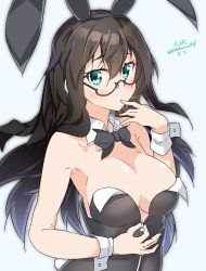 Rule 34 | 1girl, alternate breast size, animal ears, black hair, blush, bow, bowtie, breasts, rabbit ears, cleavage, commentary, detached collar, fake animal ears, glasses, green eyes, halkawa501, highres, kantai collection, long hair, looking at viewer, ooyodo (kancolle), playboy bunny, solo, twitter username, unzipping, upper body, wrist cuffs