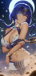 Rule 34 | 1girl, absurdres, arms under breasts, bare shoulders, black hairband, blue eyes, blue hair, bracer, breasts, bridal gauntlets, brooch, candace (genshin impact), card, cleavage, dark-skinned female, dark skin, fukuro daizi, genshin impact, gloves, hair ornament, hairband, halterneck, heterochromia, highres, holding, holding card, jewelry, large breasts, looking at viewer, nail polish, navel, neck ring, parted lips, purple gloves, purple nails, sidelocks, signature, single bridal gauntlet, single glove, smile, solo, stomach, twintails, twitter username, water drop, yellow eyes