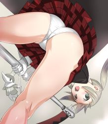 Rule 34 | 00s, 1girl, ass, blonde hair, blush, excalibur (soul eater), female focus, from below, gloves, gradient background, green eyes, highres, huge ass, long hair, looking at viewer, maka albarn, mushi gyouza, open mouth, panties, pantyshot, plaid, plaid skirt, school uniform, scythe, shiny skin, skirt, solo focus, soul eater, soul evans, trefoil, twintails, underwear, upskirt, weapon, white panties