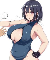 Rule 34 | 10s, 1girl, anger vein, armpits, bare shoulders, black hair, blush, breasts, cleavage, covered erect nipples, covered navel, curvy, front zipper swimsuit, gloves, hand on own hip, huge breasts, kantai collection, looking at viewer, meme attire, moisture (chichi), one-piece swimsuit, open mouth, parted lips, plump, puffy nipples, red eyes, short hair, simple background, solo, sweat, swimsuit, takao (kancolle), thick thighs, thighs, white background, wide hips