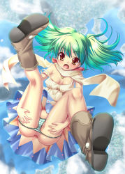 Rule 34 | 00s, 1girl, alto seneka, anus, bad id, bad pixiv id, blush, boots, breasts, cloud, dress, falling, green hair, jewelry, kneepits, looking at viewer, macross, macross frontier, necklace, open mouth, panties, panty pull, ranka lee, red eyes, scarf, shirt, short hair, sky, sleeveless, solo, strap slip, striped clothes, striped panties, twintails, underwear