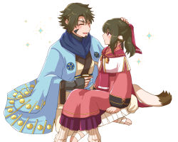 Rule 34 | 1boy, 1girl, age difference, ainu clothes, animal ears, aquaplus, beard, blush, breasts, brother and sister, brown hair, coat, facial hair, family, full body, gauntlets, hair ribbon, height difference, long hair, long sleeves, looking at another, messy hair, mole, mole under eye, nekone (utawarerumono), nose, open mouth, pointy ears, red eyes, ribbon, siblings, sitting, small breasts, tail, twchewp, twintails, ukon (utawarerumono), utawarerumono, utawarerumono: itsuwari no kamen