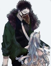 Rule 34 | 1boy, 1girl, absurdres, bandaged arm, bandages, black hair, black shirt, boku no hero academia, chacoma, collared shirt, commentary request, eri (boku no hero academia), feather-trimmed jacket, feathers, green jacket, grey hair, highres, horns, jacket, long hair, male focus, mask, mouth mask, necktie, overhaul (boku no hero academia), partial commentary, plague doctor mask, purple feathers, shirt, short hair, single horn, very short hair, white necktie, yellow eyes