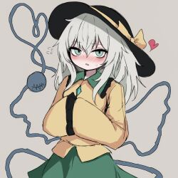 1girl black_hat blush flying_sweatdrops green_skirt grey_background grey_eyes grey_hair hat hat_ribbon heart heart_of_string highres komeiji_koishi long_hair looking_at_viewer open_mouth reverinth ribbon shirt simple_background skirt solo sweatdrop third_eye touhou yellow_ribbon yellow_shirt