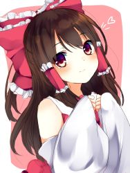 Rule 34 | 1girl, bad id, bad twitter id, blush, bow, brown hair, closed mouth, detached sleeves, hair bow, hair tubes, hakurei reimu, heart, highres, karasusou nano, long hair, long sleeves, looking at viewer, multicolored background, multicolored eyes, red bow, sidelocks, solo, touhou, two-tone background, upper body