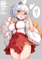 Rule 34 | 1girl, animal ear fluff, animal ears, arm up, blue eyes, blush, breasts, cisyo, commentary request, cowboy shot, fox ears, fox girl, fox tail, glasses, gohei, grey background, groin, hair between eyes, hakama, hakama skirt, highres, holding, impossible clothes, japanese clothes, kimono, large breasts, long sleeves, looking at viewer, miko, open mouth, original, red-framed eyewear, red hakama, ribbon-trimmed sleeves, ribbon trim, shide, short kimono, silver hair, simple background, skirt, solo, sweat, tail, tail raised, thigh gap, translation request, white kimono, wide sleeves