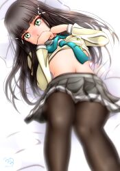 Rule 34 | 1girl, absurdres, bed, black hair, blush, clothes lift, covering own mouth, green eyes, highres, kurosawa dia, long hair, long sleeves, looking at viewer, love live!, love live! sunshine!!, lying, minami saan, navel, on back, solo, stomach, uranohoshi school uniform