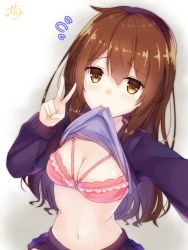 Rule 34 | 1girl, bad id, bad pixiv id, blush, bra, breasts, brown eyes, brown hair, cleavage, clothes lift, commentary request, flying sweatdrops, foreshortening, frilled bra, frills, gradient background, grey background, highres, lifting own clothes, long hair, long sleeves, looking at viewer, medium breasts, miniskirt, mouth hold, navel, original, outstretched arm, pink bra, purple shirt, purple skirt, raised eyebrows, ramchi, reaching, reaching towards viewer, selfie, shirt, shirt lift, signature, skirt, solo, stomach, tareme, underwear, upper body, v