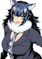 Rule 34 | &gt;:), 10s, 1girl, animal ears, black gloves, blazer, blue eyes, blue hair, blush, breasts, dated, extra ears, fur collar, gloves, grey wolf (kemono friends), hair between eyes, happa (cloverppd), heterochromia, jacket, kemono friends, large breasts, long hair, looking at viewer, multicolored hair, necktie, parted lips, plaid, plaid necktie, plaid neckwear, shiny skin, simple background, smile, solo, two-tone hair, upper body, v-shaped eyebrows, white background, white hair, wolf ears, yellow eyes