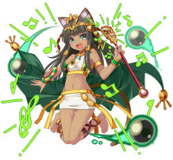 Rule 34 | 1girl, :d, animal ears, ankle lace-up, anklet, armlet, barefoot, bastet (p&amp;d), bracelet, brown hair, cat ears, cat tail, cross-laced footwear, crown, dark skin, egyptian, fang, feet, female focus, green eyes, hair tubes, headgear, instrument, jewelry, komoriuta, lots of jewelry, midriff, navel, open mouth, puzzle &amp; dragons, smile, solo, tail, thigh gap, toes