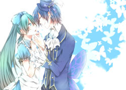 Rule 34 | 1boy, 1girl, alice in musicland (vocaloid), aqua eyes, aqua hair, bad id, bad pixiv id, blue hair, closed eyes, grabbing another&#039;s chin, green eyes, green hair, hand on another&#039;s chin, hat, hatsune miku, kaito (vocaloid), long hair, mini hat, mini top hat, nail polish, parted lips, ribbon, smile, top hat, twintails, very long hair, vocaloid, wings, yuma (makkuponnde)