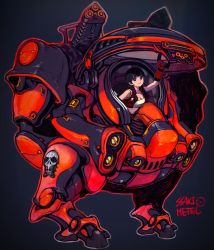 Rule 34 | 1girl, artist name, bandeau, black hair, blunt bangs, braid, breasts, cleavage, closed mouth, cockpit, collarbone, cropped jacket, elbow gloves, full body, gatling gun, gloves, gun, hand up, highres, holding, jacket, long hair, looking at viewer, mecha, medium breasts, midriff, navel, open clothes, open jacket, original, purple eyes, red gloves, red jacket, robot, sleeveless, sleeveless jacket, smile, solo, ssaki metel, twin braids, weapon
