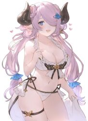Rule 34 | 1girl, :d, bikini, blue eyes, braid, breasts, cape, cleavage, commentary, cowboy shot, curled horns, deep skin, draph, frilled bikini, frills, granblue fantasy, hair between eyes, hair ornament, hair over one eye, hairclip, heart, highres, horns, large breasts, light blush, long hair, narmaya (granblue fantasy), narmaya (summer) (granblue fantasy), official alternate costume, open mouth, pointy ears, smile, solo, star v1sta, swimsuit, thigh strap, twintails, white background, white bikini, white cape