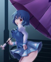 Rule 34 | 1girl, blue eyes, blue hair, breasts, codemofel, female focus, hand on own hip, heterochromia, highres, impossible clothes, impossible shirt, matching hair/eyes, red eyes, shirt, short hair, solo, tatara kogasa, touhou, umbrella, wind, wind lift