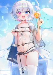 Rule 34 | 1girl, :d, absurdres, amemiya nazuna, artist name, bag, bikini, blue eyes, blue nails, blue sky, breasts, collarbone, commentary, day, english commentary, fangs, frilled bikini, frills, grey hair, hands up, heterochromia, highres, holding, janyhero, low wings, nail polish, o-ring, o-ring bikini, o-ring bottom, o-ring top, open mouth, outdoors, purple eyes, see-through, signature, skindentation, sky, small breasts, smile, solo, swimsuit, thighhighs, virtual youtuber, vshojo, white bikini, white thighhighs, white wings, wings