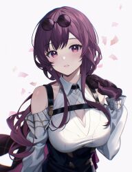 Rule 34 | 1girl, bare shoulders, blush, breasts, clothing cutout, collared shirt, eyewear on head, gloves, highres, holding, honkai: star rail, honkai (series), kafka (honkai: star rail), large breasts, long hair, long sleeves, looking at viewer, parted lips, purple eyes, purple gloves, purple hair, shirt, shoulder cutout, solo, soybean (hisoybean), upper body
