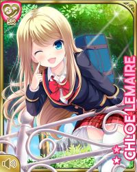 Rule 34 | 1girl, bag, blonde hair, blue eyes, blue jacket, bow, card, character name, chloe lemaire, closed eye, day, fence, girlfriend (kari), jacket, long hair, official art, open mouth, outdoors, plaid, plaid skirt, qp:flapper, red bow, red neckwear, red skirt, school uniform, shirt, skirt, smile, solo, tagme, white shirt