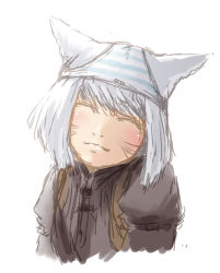 Rule 34 | 10s, 1girl, animal ears, artist request, blush, cat ears, closed eyes, final fantasy, final fantasy xiv, miqo&#039;te, object on head, panties, panties on head, short hair, sketch, smile, solo, striped clothes, striped panties, underwear, warrior of light (ff14), white hair