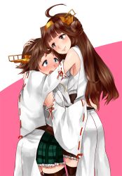 Rule 34 | 10s, 2girls, ahoge, bare shoulders, blue eyes, blush, brown eyes, brown hair, commentary request, detached sleeves, double bun, flipped hair, hair ornament, hairband, headgear, hiei (kancolle), hug, japanese clothes, kantai collection, kobone, kongou (kancolle), long hair, multiple girls, no legwear, nontraditional miko, open mouth, revision, short hair, skirt, smile, thighhighs