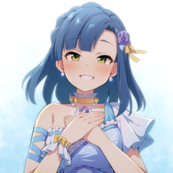 Rule 34 | 1girl, blue background, blue dress, blue hair, blush, choker, collarbone, dress, flower, frilled dress, frills, gradient background, green eyes, hair flower, hair ornament, hands up, idolmaster, idolmaster million live!, looking at viewer, nanao yuriko, own hands together, parted bangs, purple flower, purple rose, rose, single-shoulder dress, single sleeve, smile, solo, uccow, upper body, white background, yellow choker