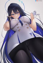 Rule 34 | 1girl, black hair, blue archive, blue eyes, blue hair, blush, breasts, cameltoe, cleft of venus, colored inner hair, earrings, fat mons, glasses, gloves, greatodoggo, halo, highres, jewelry, large breasts, long hair, looking at viewer, looking down, multicolored hair, necktie, pantyhose, pointy ears, revision, rimless eyewear, rin (blue archive), solo, very long hair, white background, white gloves