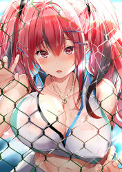 Rule 34 | 1girl, :o, absurdres, against fence, azur lane, bare shoulders, blue background, blurry, blush, breast press, breasts, bremerton (azur lane), bremerton (scorching-hot training) (azur lane), chain-link fence, cleavage, collarbone, collared shirt, commentary, covered erect nipples, crop top, depth of field, ear piercing, fence, green skirt, grey hair, groin, hair between eyes, hair intakes, hair ornament, hairclip, head tilt, heart, heart necklace, highres, jewelry, konno ao, large breasts, light rays, long hair, looking at viewer, lower teeth only, midriff, mole, mole on breast, mole under eye, multicolored hair, navel, necklace, open mouth, piercing, pink eyes, pink hair, see-through, shirt, sidelocks, skirt, sleeveless, sleeveless shirt, solo, sportswear, standing, streaked hair, sunbeam, sunlight, sweat, teeth, tennis uniform, twintails, two-tone hair, two-tone shirt, two-tone skirt, upper body, wet, wet clothes, wet shirt, white shirt, white skirt, x hair ornament