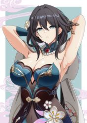 Rule 34 | 1girl, aqua dress, aqua eyes, armpits, arms up, bead necklace, beads, black hair, breasts, brooch, capelet, cleavage, commentary request, covered navel, dress, highres, honkai: star rail, honkai (series), jewelry, large breasts, long hair, looking at viewer, makiri akira, necklace, parted lips, ruan mei (honkai: star rail), solo, strapless, strapless dress, upper body, white capelet