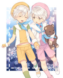 Rule 34 | 2boys, brothers, double scoop (food fantasy), closed eyes, fingerless gloves, food fantasy, gloves, holding hands, hat, holding, holding stuffed toy, multiple boys, pink eyes, sailor collar, sailor hat, short hair, shorts, siblings, strawberry (food fantasy), stuffed animal, stuffed toy, teddy bear, vanilla (food fantasy), white hair