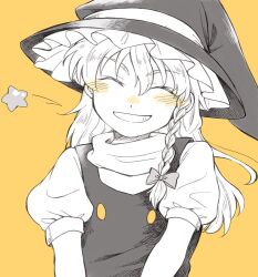 Rule 34 | 1girl, ^ ^, black hat, black vest, blush, buttons, closed eyes, commentary request, frilled hat, frills, grin, happy, hat, head tilt, hijiki (hijiri st), kirisame marisa, limited palette, puffy short sleeves, puffy sleeves, short sleeves, simple background, smile, solo, star (symbol), touhou, turtleneck, upper body, vest, witch, yellow background