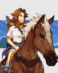 Rule 34 | 1girl, 2022, absurdres, animal, animal ears, artist logo, artist name, belt, blue eyes, blue pants, brown hair, cloud, epona, grass, highres, house, long hair, looking at another, malon, mountain, nintendo, orange scarf, orlek, pants, pointy ears, scarf, shirt, sitting, sky, solo, sword, tail, the legend of zelda, the legend of zelda: ocarina of time, triforce, weapon, white background, white shirt