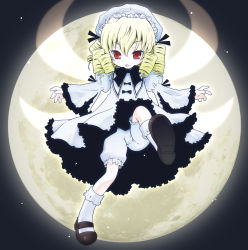 Rule 34 | 1girl, :3, ayano rena, blonde hair, bloomers, drill hair, female focus, flying, hat, luna child, mary janes, moon, red eyes, shoes, solo, touhou, underwear, wings