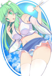 1girl absurdres ahoge bare_shoulders bikini blue_sky breasts cloud commentary_request covered_erect_nipples detached_sleeves frog_hair_ornament from_below gohei green_eyes green_hair hair_ornament hand_on_own_cheek hand_on_own_face harunoha highres holding holding_gohei kochiya_sanae long_hair miniskirt nontraditional_miko open_mouth see-through side-tie_bikini_bottom side_ponytail skirt sky snake_hair_ornament solo striped_bikini striped_clothes sun sweat swimsuit swimsuit_under_clothes thighhighs touhou white_thighhighs