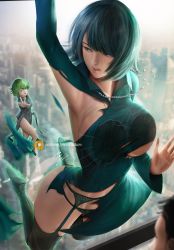 Rule 34 | 1boy, 2girls, against glass, arm up, armpits, breast press, breasts, city, cityscape, collared dress, dress, flying, fubuki (one-punch man), garter belt, garter straps, green dress, green eyes, green hair, highres, jewelry, moi&#039;dukdum, multiple girls, navel, necklace, one-punch man, pearl necklace, short hair, siblings, sisters, tatsumaki, taut clothes, taut dress, telekinesis, thighhighs, thighs, torn clothes, window