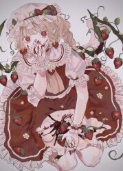 1girl ascot blonde_hair bow circle_skirt collared_shirt cream earrings eating fingernails flandre_scarlet flower food food-themed_earrings food_on_face food_themed_earrings frilled_bow frilled_cuffs frilled_shirt_collar frilled_skirt frills fruit fruit_juice full_body grey_background hand_up hat hat_bow hat_flower highres jewelry leaf looking_at_viewer mob_cap nail_polish plant pointy_ears puffy_short_sleeves puffy_sleeves red_bow red_eyes red_nails red_skirt red_vest ringlets sharp_fingernails shirt shiwaiji short_sleeves side_ponytail simple_background sitting skirt skirt_set slit_pupils solo splatter strawberry strawberry_earrings strawberry_hat_ornament thigh_strap touhou vest vines white_flower white_hat white_shirt wings wrist_cuffs yellow_ascot