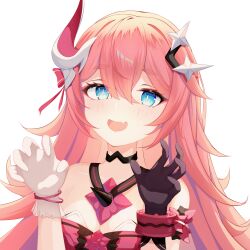 Rule 34 | 1girl, :d, asymmetrical gloves, bare shoulders, black gloves, blackheart`, blue eyes, chinese commentary, claw pose, commentary, commentary request, dress, fang, gloves, hair between eyes, hair ornament, highres, honkai (series), honkai impact 3rd, horns, long hair, looking at viewer, mismatched gloves, open mouth, pink hair, rozaliya olenyeva, simple background, single horn, skin fang, smile, solo, transparent background, white gloves