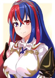 Rule 34 | 1girl, absurdres, alear (female) (fire emblem), alear (fire emblem), blue eyes, blue hair, breasts, closed mouth, crossed bangs, fire emblem, fire emblem engage, hair between eyes, heterochromia, highres, large breasts, light smile, long hair, multicolored hair, nintendo, red eyes, red hair, ribbon, solo, split-color hair, tiara, to (tototo tk), two-tone hair, white ribbon