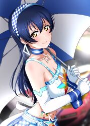 Rule 34 | 1girl, absurdres, bare shoulders, blue choker, blue hair, blurry, blurry background, breasts, choker, closed mouth, collarbone, commentary request, earrings, elbow gloves, gloves, hair between eyes, highres, holding, holding umbrella, jewelry, long hair, looking at viewer, love live!, love live! school idol project, medium breasts, midriff, navel, race queen, sidelocks, smile, solo, sonoda umi, star (symbol), surv1v3-13005993, triangle earrings, umbrella, upper body, white gloves, wrist cuffs, yellow eyes