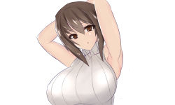 Rule 34 | 1girl, armpits, arms behind head, arms up, berumina, breasts, brown eyes, brown hair, girls und panzer, highres, large breasts, looking at viewer, nishizumi maho, short hair, sleeveless, sleeveless sweater, solo, sweater, turtleneck, turtleneck sweater, upper body, white background