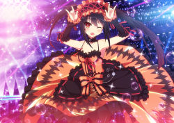 Rule 34 | 10s, 1girl, \m/, armpits, arms up, bare shoulders, black hair, breasts, bubble, choker, cleavage, date a live, hairband, highres, lolita fashion, lolita hairband, long hair, looking at viewer, one eye closed, red eyes, ribbon, solo, tokisaki kurumi, twintails, uiu, wink